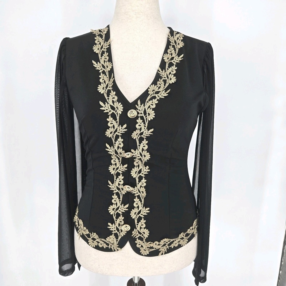 Women's Black Sheer Sleeve Blouse Gold Embroidered V-Neck Button Front Size Med